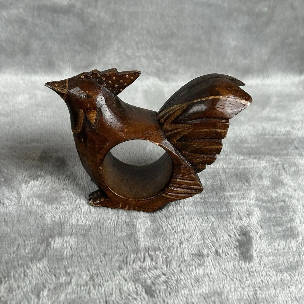 Carved Wooden Napkin Rings Set Of 5 Chicken Rooster Hand Made Vintage Dark Wood